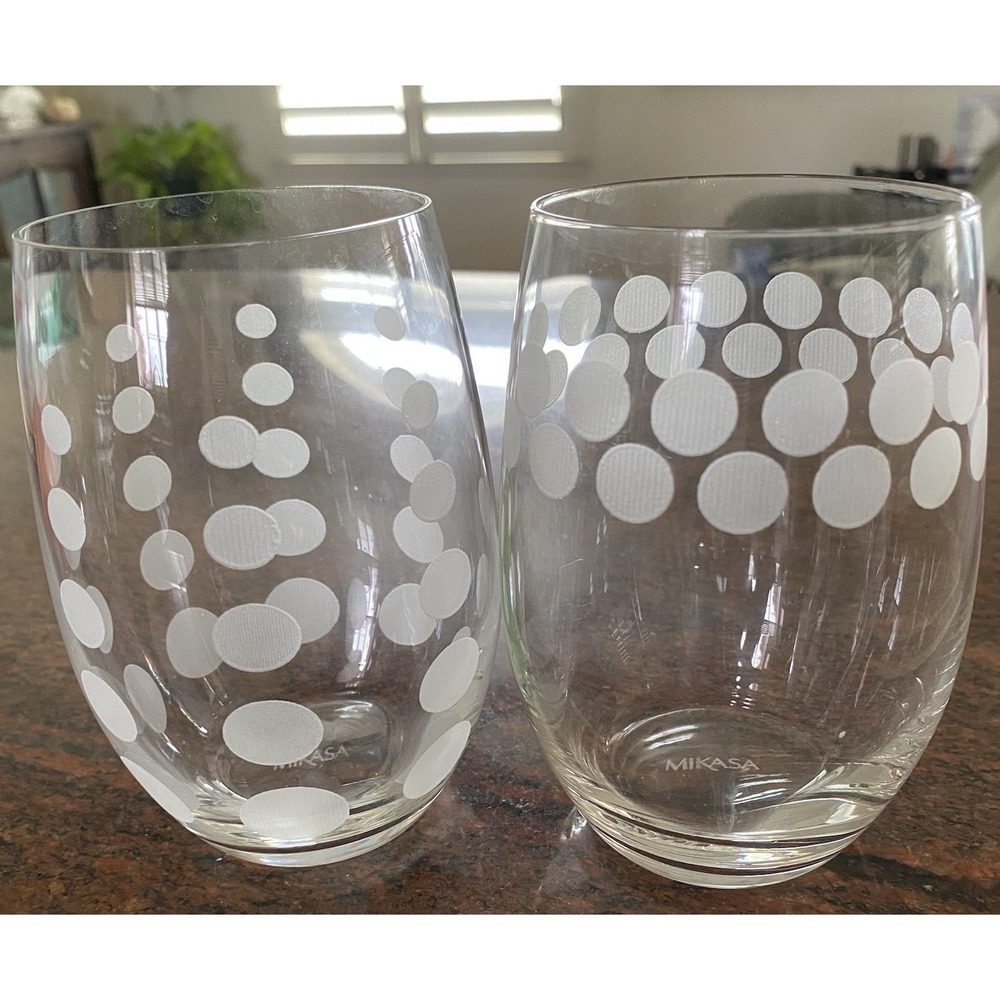 Mikasa Cheers Set of 2 STEMLESS WINE GLASSES Poka Dot‎ Etched Crystal